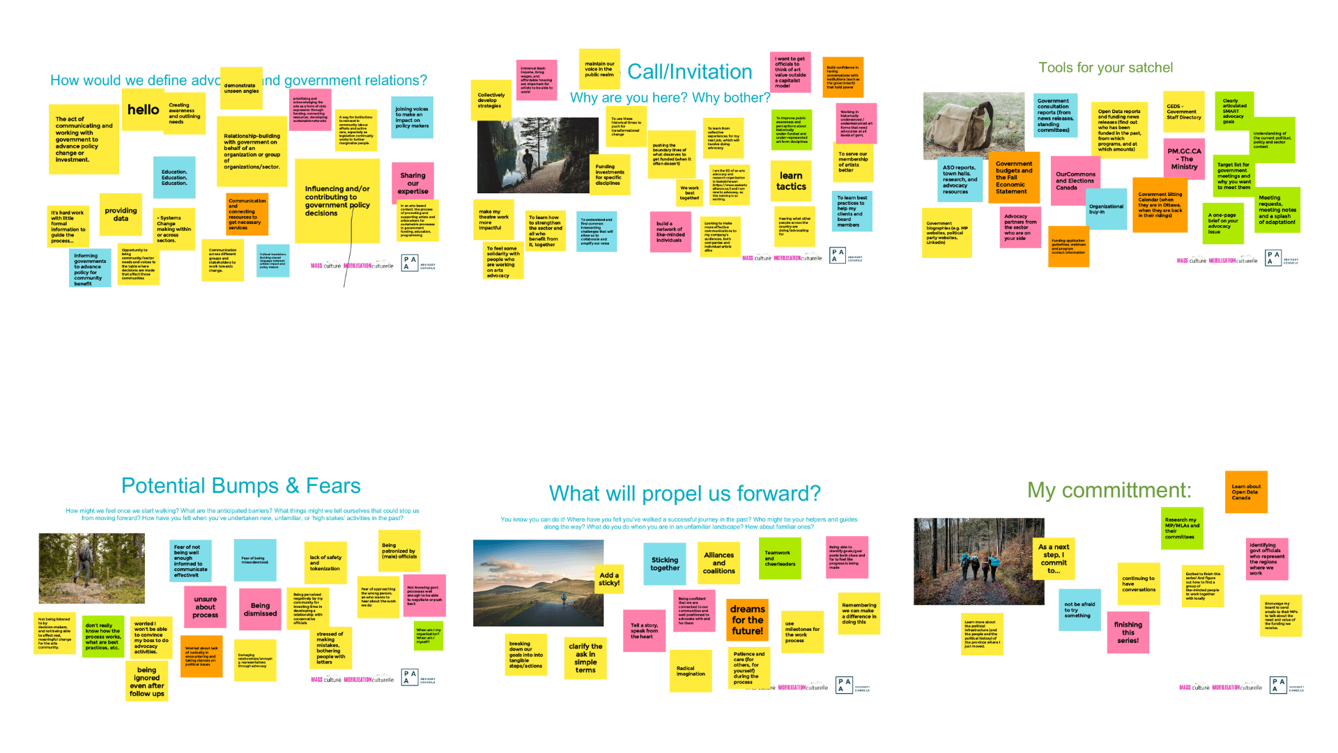 Jamboard generated from the discussion, mapping out definitions of arts advocacy and government relations, our motivations, potential bumps and fears along the road, and how to move forward.