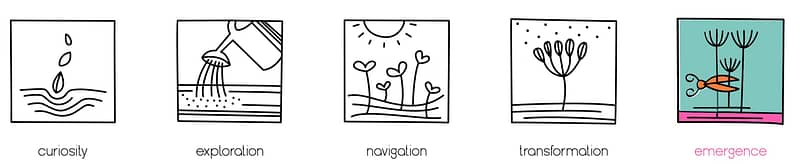 5 images, black and white pencil drawings. Image 1: Leaves falling into water, creating ripples, titled Curiosity. Image 2: Watering can watering seeds in soil, titled Exploration. Image 3: Seedlings reaching towards the sun, titled Navigation. Image 4: A seedling branching into multiple buds, titled Navigation. Image 5, coloured in: A pair of scissors about to cut blooms, titled Emergence.