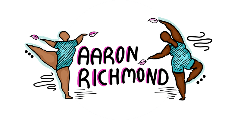 Hand-drawn title card with the words “Aaron Richmond” in the middle, surrounded by two brown-skinned ballet dancers in blue leotards posing in two different dance positions and holding a pink leaf in each hand.