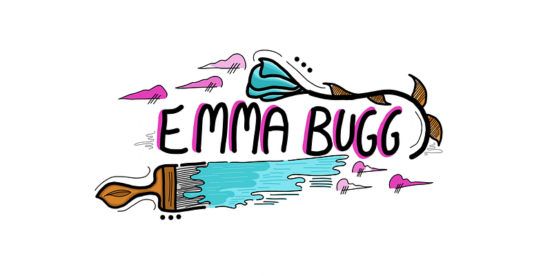 Hand-drawn title card with the words “Emma Bugg” in the middle, surrounded by pink clouds, a blue flower with brown leaves, and a large blue paintbrush with a streak of blue paint.
