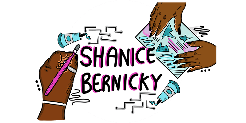 Hand-drawn title card with the words “Shanice Bernicky” in the middle, surrounded by brown-skinned hands creating art with blue art supplies and tech lines.