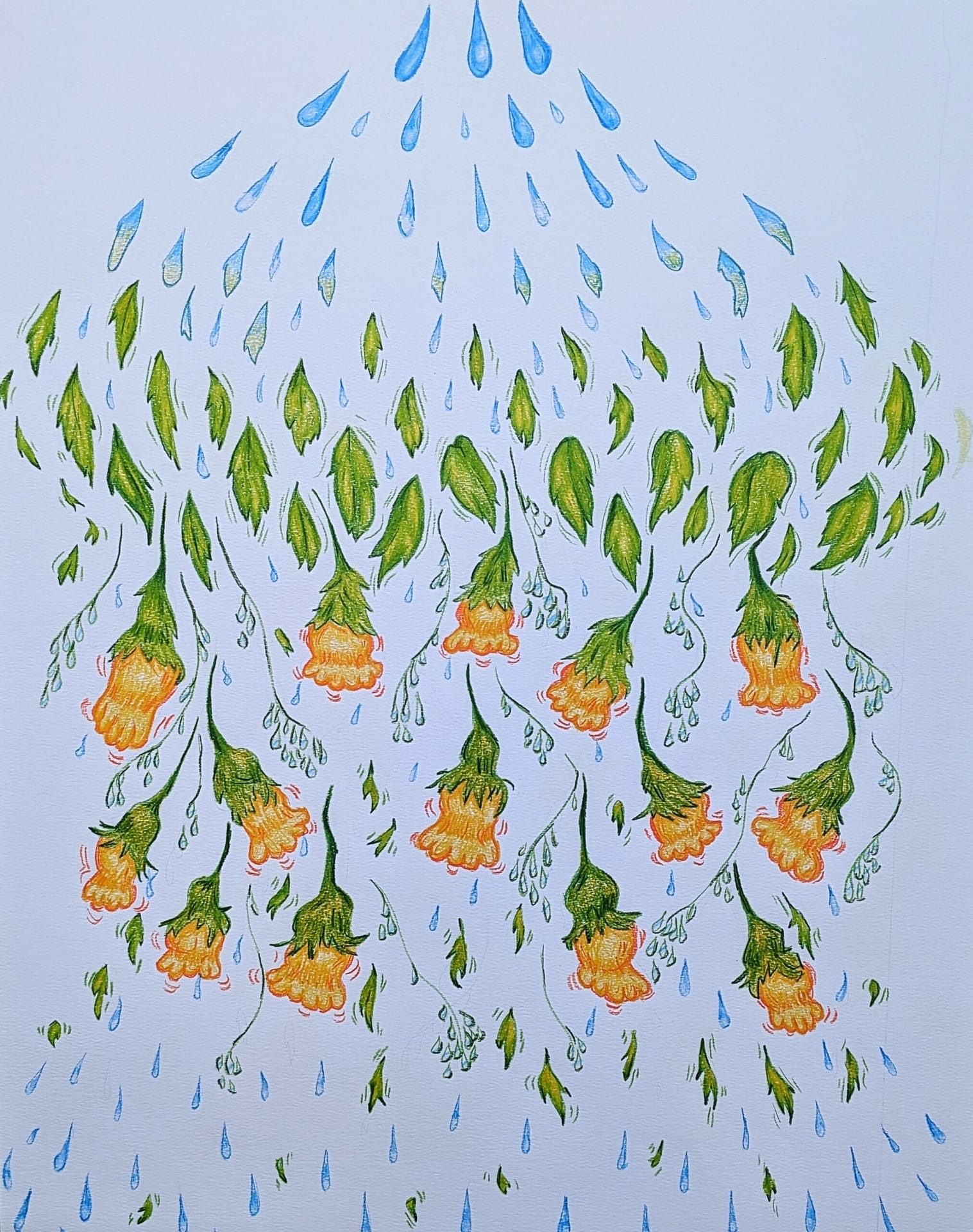 Artwork by Max Quilliam. In this illustration, ‘There is More to Come’, raindrops morph into leaves, which morph into flowers, then leaves, then into raindrops again gradually down the page.